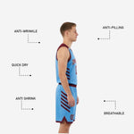 Back view of light blue reverse side of custom basketball jersey with maroon back number and player name placement