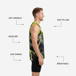 Back view of custom lime green and black basketball jersey showing player name and back number placement on charcoal lightning graphic