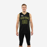 Adult male wearing a custom lime green and black basketball jersey with neon V-neck binding, arced team name, and outlined front number 00