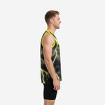 Custom black and lime green basketball jersey with arced team name and front number 00 on adult male player