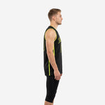 Front view of the custom lime green and black basketball jersey showing neon armhole binding and bold arced team name on solid black body