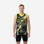 Lime green and black basketball jersey with full-bleed lightning bolt sublimation graphic and neon V-neck binding on adult male model front view
