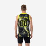 Opposite side view of black and lime green lightning bolt basketball jersey showing full sublimation graphic on adult player