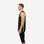 Side view of the lime green and black basketball jersey showing the vertical neon lime green side panel stripe from underarm to straight hem