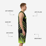 Back view of lime green basketball uniform showing player name and number placement on black sublimated jersey