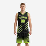 Lime green basketball uniforms front and back view showing black slash-stripe jersey and matching gradient shorts with team name and number