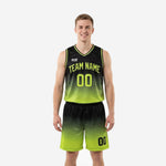Custom lime green basketball uniforms with black gradient fade, team name arc and number 00 on the jersey and matching shorts, front view