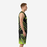 Front view of custom lime green and black basketball uniform with diagonal slash-stripe design and arched team name on chest