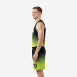 Left side view of men's custom lime green basketball uniforms showing sleeveless jersey hem and shorts side split detail