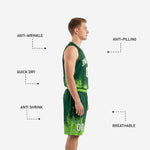 Second side view of men's green and lime basketball uniform showing matching shorts waistband elastic and splash pattern detail