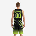 Opposite side view of lime green basketball uniform set showing gradient fade on shorts and V-neck binding detail