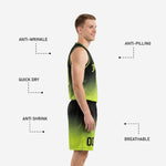 Close detail of lime green basketball shorts showing black player number sublimated on the leg and elastic waistband with drawcord