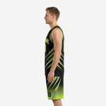 Side view of black and lime green basketball uniform showing slash-stripe pattern across jersey and shorts leg