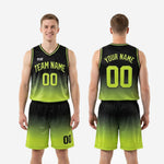 Size and specification sheet for custom lime green and black gradient basketball uniform set, youth and adult sizing available