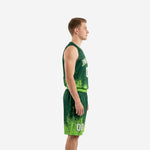 Size and specification sheet for men's lime green basketball uniforms showing youth and adult sizing options