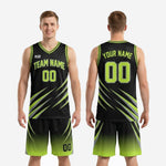 Size and specification sheet for custom lime green basketball uniforms showing youth and adult size run