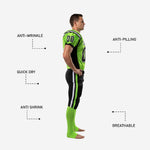 Back view of lime green and black american football uniform with back number and nameplate area on jersey and matching pant stripe continuing down the outer leg