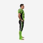 Front view of lime green sublimated football jersey with team name across chest, front number 00, black curved side panels and white shoulder trim, worn with black football pants