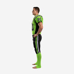 Side view of lime green and black american football uniform showing set-in short sleeves, curved black side panel, and black pants with lime green and white outer-leg stripe