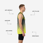 Back view of lime green and black sublimated basketball jersey showing back number and player name placement with hex gradient pattern