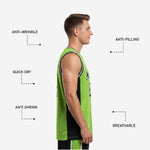 Back view of custom high school basketball jersey in lime green and black showing player name and back number placement with black panel detail