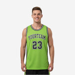 Custom lime green and black basketball jersey showing arched team name and front number on 100 percent polyester mesh with tri-stripe crew neckline binding