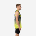 Front view of custom lime green and black basketball jersey showing V-neck with yellow-green binding and sublimated hex pattern on male model