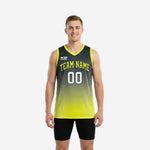 Custom lime green and black basketball jersey with hex gradient and charcoal fade, team name arced across chest, front and back view on male model
