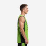 Front view of custom lime green and black basketball jersey with black side panels, white-trimmed crew neck binding, and bold front number 23
