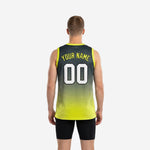Opposite side view of custom lime green hex gradient basketball jersey showing sleeveless cut and full body gradient fade on male model