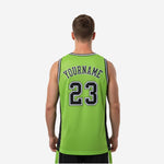 Right side profile of custom green basketball jersey design with mesh body, black armhole binding, and athletic sleeveless cut