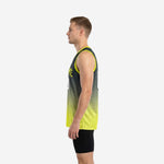 Side view of lime green and charcoal basketball jersey showing straight hem, side vent, and armhole binding detail on male model
