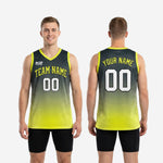 Size and spec chart for custom lime green and black basketball jersey showing youth and adult size run and measurement guide