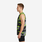 Side view of lime green and black camo basketball jersey showing sleeveless cut armhole binding and full sublimation pattern from collar to hem