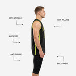 Back view of the custom black basketball jersey with neon lime green binding, player name across upper back, and large back number below