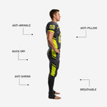 Close detail of lime green football uniform showing V-neck collar trim, shoulder panel, and sublimated number with white outline