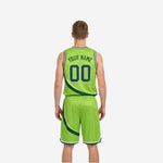 Side view of the lime green reversible basketball jersey showing V-neck binding and coordinated shorts with drawcord waistband