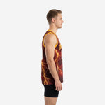 Maroon and gold custom basketball jersey showing gold lightning graphic across the chest and torso, bold team name arc and white front number, sleeveless athletic cut, single front view