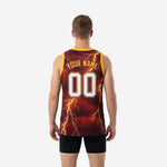 Opposite side view of custom maroon and gold basketball jersey displaying the continuous gold lightning storm graphic across the full side panel and hem