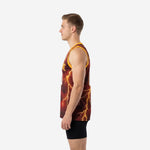 Side view of maroon and gold sublimated basketball jersey showing gold lightning bolt pattern wrapping the side panel and gold armhole binding detail