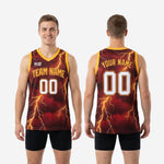 Size and spec chart for custom maroon and gold basketball jerseys showing youth and adult sizing measurements for team roster ordering