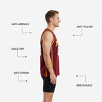 Opposite side view of maroon and gold sublimated basketball jersey showing straight hem and gold side panel stripe
