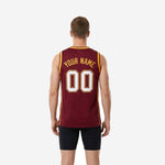 Size and specification chart for custom maroon and gold basketball jerseys available in youth and adult sizing