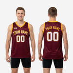 Size and spec chart for custom maroon and gold basketball jerseys showing youth and adult sizing run