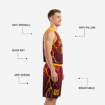 Close detail of gold lightning bolt sublimation print on maroon basketball jersey and shorts waistband panel