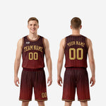Size and specification sheet for custom maroon and gold basketball uniforms available in youth and adult sizing