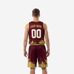 Back view of maroon and gold basketball jersey and shorts set showing player name and back number placement