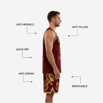 Back view of custom maroon and gold basketball uniform with back player number and full dragon scale sublimation across jersey and shorts