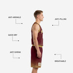 Back view of custom maroon and gold basketball uniform jersey showing back name and number print on maroon sunburst sublimated design