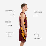 Back view of maroon and gold basketball jersey and shorts showing back number placement and star-splatter sublimation print